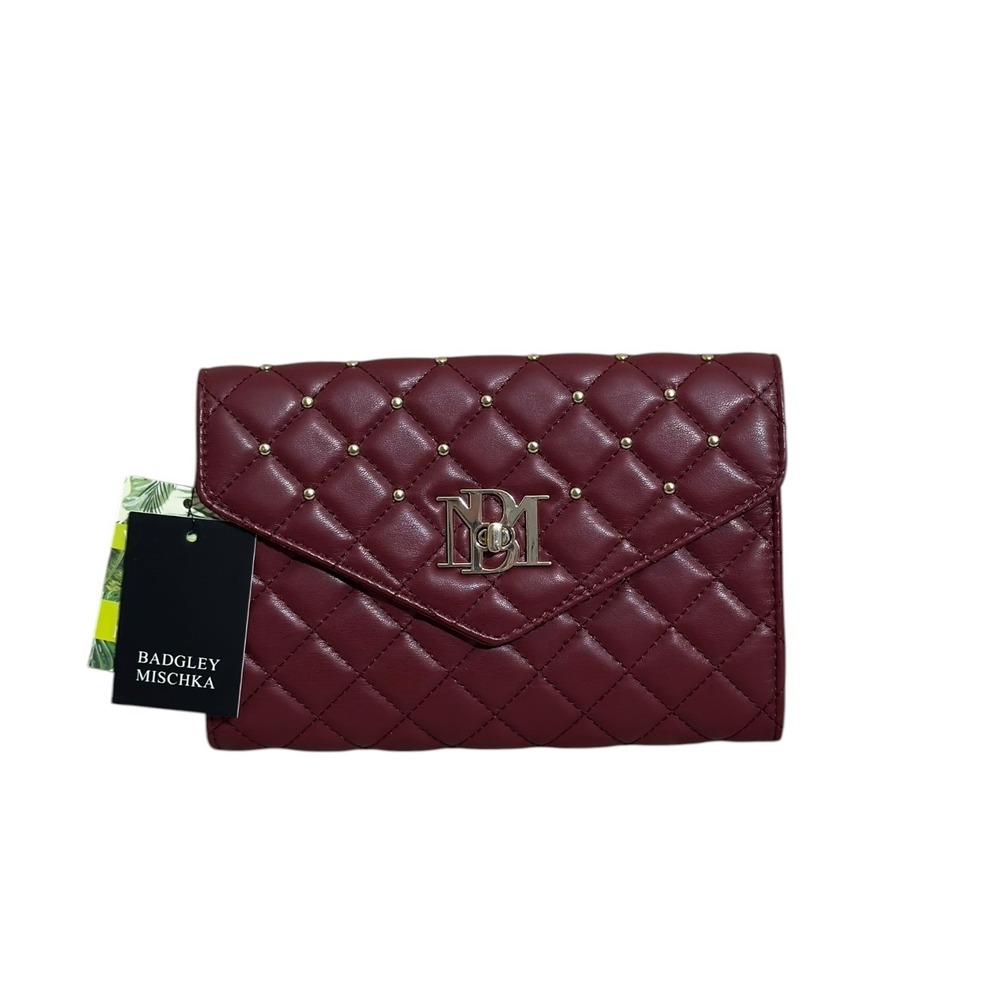 Badgley Mischka Quilted Shoulder Crossbody Bag Studded Burgundy Clutch NWT
